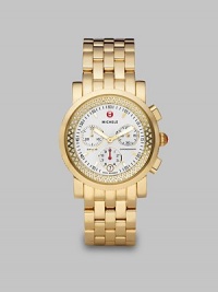 From the Sport Sail Collection. A dazzling diamond accented design with a technical chronograph dial on a goldtone bracelet.Swiss quartz movementWater resistant to 5 ATMRound goldtone stainless steel case, 38mm (1.5)Smooth bezelInterior diamond trim, .46 tcwEnamel chronograph dialBar hour markersDate function at 6 o'clockSecond handGoldtone stainless steel link braceletImported From the Sport Sail Collection. A dazzling diamond accented design with a technical chronograph dial on a goldtone bracelet.Swiss quartz movementWater resistant to 5 ATMRound goldtone stainless steel case, 38mm (1.5)Smooth bezelInterior diamond trim, .46 tcwEnamel chronograph dialBar hour markersDate function at 6 o'clockSecond handGoldtone stainless steel link braceletImported