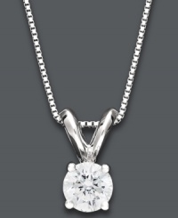 Solitary sparkle. A single, round-cut diamond (1/3 ct. t.w.) makes a subtle statement on this beautiful 14k white gold pendant. Approximate length: 18 inches. Approximate drop: 3/8 inch. Solitary sparkle. A single, round-cut diamond (1/3 ct. t.w.) makes a subtle statement on this beautiful 14k white gold pendant. Approximate length: 18 inches. Approximate drop: 3/8 inch.