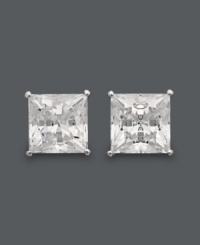 Over nine carats worth of brilliant sparkle! Arabella's luminous stud earrings will turn heads with princess-cut Swarovski zirconias (9-3/4 ct. t.w.). Post setting crafted in 14k white gold. Approximate diameter: 8 mm.