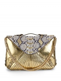 THE LOOKDouble golden shoulder chainsLeather top handleSnake-embossed leather flap with metallic touches and zipper edgesEnvelope silhouetteAngled seams, front and backMagnetic snap flap closureContrast logo-embossed leather detail at backBuckle strap accentsThree inside open pocketsOne inside zip pocketKey ring clipInside logo detailTHE MEASUREMENTTop handle, 1 dropShoulder chains THE LOOKDouble golden shoulder chainsLeather top handleSnake-embossed leather flap with metallic touches and zipper edgesEnvelope silhouetteAngled seams, front and backMagnetic snap flap closureContrast logo-embossed leather detail at backBuckle strap accentsThree inside open pocketsOne inside zip pocketKey ring clipInside logo detailTHE MEASUREMENTTop handle, 1 dropShoulder chains