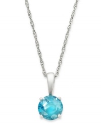 Brighten your look (and your day!) with sparkle in eye-catching hues. This pretty pendant features a round-cut blue topaz (1/2 ct. t.w.) set in 14k white gold. Approximate length: 18 inches. Approximate drop: 3/8 inch. Brighten your look (and your day!) with sparkle in eye-catching hues. This pretty pendant features a round-cut blue topaz (1/2 ct. t.w.) set in 14k white gold. Approximate length: 18 inches. Approximate drop: 3/8 inch.