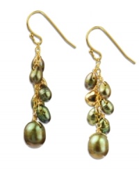 Light up the night, or day! Shimmery green cultured freshwater pearls (5-9 mm) and glittering pyrite beads (2-1/3 ct. t.w.) create a chic statement on these cluster earrings. Set in 18k gold over sterling silver. Approximate drop: 1-1/4 inches. Light up the night, or day! Shimmery green cultured freshwater pearls (5-9 mm) and glittering pyrite beads (2-1/3 ct. t.w.) create a chic statement on these cluster earrings. Set in 18k gold over sterling silver. Approximate drop: 1-1/4 inches.