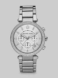 A dazzling stainless steel timepiece with Swarovski crystal accents and light silver chronograph dial.Quartz movement Water resistant to 5 ATM Swarovski crystal bezel Stainless steel round case, 39mm, (1.54) Light silver chronograph dial Arabic numeral and Swarovski crystal index hour markers Date display between 4 and 5 o'clock Second hand Stainless steel link bracelet Buckle closure Imported A dazzling stainless steel timepiece with Swarovski crystal accents and light silver chronograph dial.Quartz movement Water resistant to 5 ATM Swarovski crystal bezel Stainless steel round case, 39mm, (1.54) Light silver chronograph dial Arabic numeral and Swarovski crystal index hour markers Date display between 4 and 5 o'clock Second hand Stainless steel link bracelet Buckle closure Imported