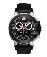 A serious watch for the sport enthusiast, Tissot's T-Race hits the mark. Black rubber strap and round stainless steel case. Black chronograph dial features tachymeter scale at outer rim, three subdials, numerals at twelve, six and nine o'clock, stick indices, magnified date window at three o'clock, logo and red accents. Swiss movement. Water resistant to 100 meters. Two-year limited warranty. A serious watch for the sport enthusiast, Tissot's T-Race hits the mark. Black rubber strap and round stainless steel case. Black chronograph dial features tachymeter scale at outer rim, three subdials, numerals at twelve, six and nine o'clock, stick indices, magnified date window at three o'clock, logo and red accents. Swiss movement. Water resistant to 100 meters. Two-year limited warranty.