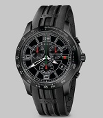 From the G-Timeless Collection. An extra large dial with signature stripe detail and date display on a sporty rubber strap.Quartz movement Water resistant to 3 ATM Round PVD case, 44mm, (1.73) Sapphire crystal Black chronograph dial Arabic numeral and index hour markers Date display at 4 o'clock Luminous hands Second hand Rubber strap Buckle clasp Made in Switzerland 