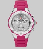 From the Tahitian Jelly Bean Collection. A fun and colorful design with technical appeal. Quartz movementWater resistant to 6 ATMRound stainless steel case, 40mm (1.6)Logo etched bezelSilver chronograph dialNumeric hour markersSecond hand Pink silicone strapImported