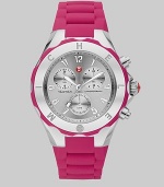 From the Tahitian Jelly Bean Collection. A fun and colorful design with technical appeal. Quartz movementWater resistant to 6 ATMRound stainless steel case, 40mm (1.6)Logo etched bezelSilver chronograph dialNumeric hour markersSecond hand Pink silicone strapImported