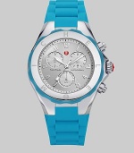 From the Tahitian Jelly Bean Collection. A fun and colorful design with technical appeal. Quartz movementWater resistant to 5 ATMRound stainless steel case, 40mm (1.6)Logo etched bezelSilver chronograph dialNumeric hour markersSecond hand Blue silicone strapImported