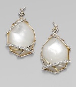 An organically-shaped mother-of-pearl set in sleek sterling silver with white sapphire and 18k gold accents. Mother-of-pearlWhite sapphireSterling silver18k goldDrop, about 1¼Post backImported 