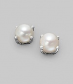 A sensual pearl, sparked with diamonds, exquisitely cradled in cabled sterling silver. White freshwater cultured pearls Diamonds, 0.05 tcw Sterling silver Diameter, about ½ Post back Imported