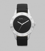 A clean and sleek style in stainless steel and supple, matte leather. Quartz movementWater resistant to 5 ATMRound stainless steel case, 40mm (1.6) Logo engraved bezelBlack dialSecond hand Black matte leather strapImported