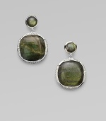 From the Scultura Collection. Two beautiful, linked labradorite cabochons set in sterling silver embellished with a pavé diamond bezel. LabradoriteDiamonds, .33 tcwSterling silverLength, about 1¼Post backImported 