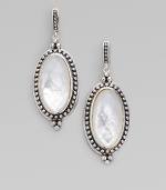 A simply chic design with an oval mother-of-pearl doublet surrounded by a delicate band of dots. Mother-of-pearl doubletsSterling silverEurowire backLength, about ¾Imported 