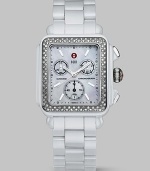 Cool ceramic meets sparkling diamonds for a bright and brilliant Swiss timepiece. Swiss quartz movement 108 diamond bezel Diamonds, tcw .60 K-1 mineral crystal Square face Mother-of-pearl chronograph dial Number markers Date display Ceramic case and band Strap is not interchangeable Imported