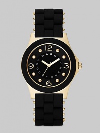 A sleek, understated timepiece with goldplated accents and wrapped stainless steel bracelet.Quartz movement Water resistant to 3 ATM Goldplated stainless steel case, 36.5mm, (1.43) Black dial with concave ring Goldplated numeral and dot hour markers Second hand Silicon wrapped stainless steel bracelet, 18mm, (.71) Imported A sleek, understated timepiece with goldplated accents and wrapped stainless steel bracelet.Quartz movement Water resistant to 3 ATM Goldplated stainless steel case, 36.5mm, (1.43) Black dial with concave ring Goldplated numeral and dot hour markers Second hand Silicon wrapped stainless steel bracelet, 18mm, (.71) Imported