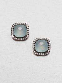 Faceted, cushion-cut chalcedony stones surrounded by dazzling white sapphires set in 14k rose gold. ChalcedonyWhite sapphire14k rose goldSize, about .3 Post backMade in USA Faceted, cushion-cut chalcedony stones surrounded by dazzling white sapphires set in 14k rose gold. ChalcedonyWhite sapphire14k rose goldSize, about .3 Post backMade in USA