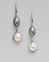 A stunning, sterling silver drop design of iridescent baroque pearls in nuage and grey. 8mm and 12mm baroque pearls Sterling silver Drop, about 2½ Hinge close Made in Spain 