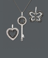 Three times is definitely the charm with this heart, key, and butterfly pendant set. Each pendant features round-cut black diamond accents and white diamonds (1/8 ct. t.w.) in a sterling silver setting. Approximate length: 18 inches. Approximate heart drop: 3/4 inch. Approximate key drop: 1-1/2 inches. Approximate butterfly drop: 3/4 inch. Three times is definitely the charm with this heart, key, and butterfly pendant set. Each pendant features round-cut black diamond accents and white diamonds (1/8 ct. t.w.) in a sterling silver setting. Approximate length: 18 inches. Approximate heart drop: 3/4 inch. Approximate key drop: 1-1/2 inches. Approximate butterfly drop: 3/4 inch.