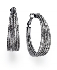 Always stylish hoops with a little extra shine. Alfani's multi-row hoops combine unique design and trendy hematite tone mixed metal. Approximate diameter: 1-1/2 inches. Always stylish hoops with a little extra shine. Alfani's multi-row hoops combine unique design and trendy hematite tone mixed metal. Approximate diameter: 1-1/2 inches.