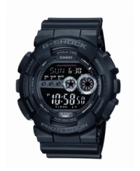 Turn heads with this tough black-on-black watch by G-Shock. Black resin strap and round case. Shock-resistant digital display dial features high-brightness auto LED, flash alert, world time, five daily alarms, stopwatch, countdown timer, multi-home time and 12/24-hours formats. Quartz movement. Water resistant to 200 meters. One-year limited warranty. Turn heads with this tough black-on-black watch by G-Shock. Black resin strap and round case. Shock-resistant digital display dial features high-brightness auto LED, flash alert, world time, five daily alarms, stopwatch, countdown timer, multi-home time and 12/24-hours formats. Quartz movement. Water resistant to 200 meters. One-year limited warranty.