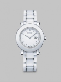 From the Fendi Ceramic Collection. A sleek ceramic design accented with a dazzling diamond dial and an useful date-function. Swiss quartz movementWater resistant to 5 ATMRound ceramic and stainless steel case, 38mm (1.5) Smooth white ceramic bezelDiamond accented white dial, .25 tcwBar hour markersDate display at 3 o'clockWhite ceramic and stainless steel link bracelet, 18mm wide (0.7)Made in Switzerland From the Fendi Ceramic Collection. A sleek ceramic design accented with a dazzling diamond dial and an useful date-function. Swiss quartz movementWater resistant to 5 ATMRound ceramic and stainless steel case, 38mm (1.5) Smooth white ceramic bezelDiamond accented white dial, .25 tcwBar hour markersDate display at 3 o'clockWhite ceramic and stainless steel link bracelet, 18mm wide (0.7)Made in Switzerland