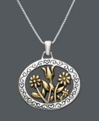 Remind yourself that there's always room to grow. This clever inspirational pendant features a sterling silver open circle design with engraved edges. Inside find a blooming garden crafted in 18k gold over sterling silver. Approximate length: 18 inches. Approximate drop: 7/8 inch x 6/8 inch. Remind yourself that there's always room to grow. This clever inspirational pendant features a sterling silver open circle design with engraved edges. Inside find a blooming garden crafted in 18k gold over sterling silver. Approximate length: 18 inches. Approximate drop: 7/8 inch x 6/8 inch.