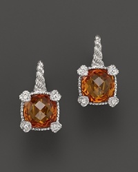 Faceted honey corundum is framed in white-sapphire detailed hearts on these brilliant cushion stone earrings. From Judith Ripka. Faceted honey corundum is framed in white-sapphire detailed hearts on these brilliant cushion stone earrings. From Judith Ripka.