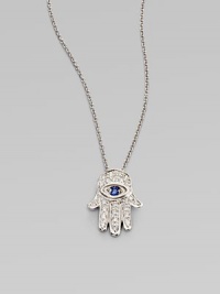 From the Tiny Treasures Collection. Sparkling diamond pavé with a single sapphire accent in an iconic Hamsa design.Diamond, 0.14 tcw Blue sapphire 18k white gold Adjustable length, about 16 - 18 Pendant length, about ½ Lobster clasp closure Made in Italy From the Tiny Treasures Collection. Sparkling diamond pavé with a single sapphire accent in an iconic Hamsa design.Diamond, 0.14 tcw Blue sapphire 18k white gold Adjustable length, about 16 - 18 Pendant length, about ½ Lobster clasp closure Made in Italy