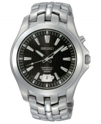 The future of timekeeping. Once set, the calendar on this Seiko watch automatically adjusts for odd and even months, including February of leap years. Stainless steel bracelet and round case. Black dial with silvertone stick indices, logo and date window. Perpetual calendar movement. Water resistant to 100 meters. Three-year limited warranty. The future of timekeeping. Once set, the calendar on this Seiko watch automatically adjusts for odd and even months, including February of leap years. Stainless steel bracelet and round case. Black dial with silvertone stick indices, logo and date window. Perpetual calendar movement. Water resistant to 100 meters. Three-year limited warranty.