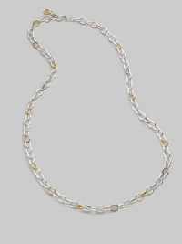 A long chain of multi-toned, water textured links that can be wrap around the neck.Sterling silver 18K gold overlay Length, about 42 Lobster clasp closure Made in USA 