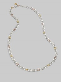 A long chain of multi-toned, water textured links that can be wrap around the neck.Sterling silver 18K gold overlay Length, about 42 Lobster clasp closure Made in USA A long chain of multi-toned, water textured links that can be wrap around the neck.Sterling silver 18K gold overlay Length, about 42 Lobster clasp closure Made in USA