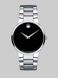 Elegant and refined, this stainless steel timepiece makes for a classic design.Swiss quartz movement Water resistant to 3 ATM Stainless steel case, 38mm (1½) Black Museum dial Round marker at 12 o'clock Made in Switzerland Elegant and refined, this stainless steel timepiece makes for a classic design.Swiss quartz movement Water resistant to 3 ATM Stainless steel case, 38mm (1½) Black Museum dial Round marker at 12 o'clock Made in Switzerland