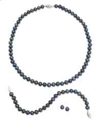 Let your style stand out. This sophisticated matching jewelry set features a necklace, earrings and bracelet with black cultured freshwater pearls (6-7 mm) and sparkling diamond accents. Set in sterling silver. Approximate length (necklace): 18 inches. Approximate length (bracelet): 7-1/2 inches. Approximate diameter (earrings): 1/4 inch. Let your style stand out. This sophisticated matching jewelry set features a necklace, earrings and bracelet with black cultured freshwater pearls (6-7 mm) and sparkling diamond accents. Set in sterling silver. Approximate length (necklace): 18 inches. Approximate length (bracelet): 7-1/2 inches. Approximate diameter (earrings): 1/4 inch.