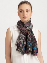 Designed in a luxurious cashmere and silk blend with a colorful paisley print and eyelash fringe.70% cashmere/30% silkAbout 27 X 66Dry cleanMade in Italy Designed in a luxurious cashmere and silk blend with a colorful paisley print and eyelash fringe.70% cashmere/30% silkAbout 27 X 66Dry cleanMade in Italy
