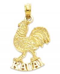 Show your pride for Kauai's loud and extremely feathery neighbor-the wild rooster! Intricately carved and gleaming in 14k gold, this little charm is hard not to love. Chain not included. Approximate drop length: 1 inch. Approximate drop width: 1/2 inch.