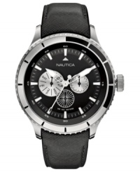 Whether you're at work or on the couch, this black leather Nautica watch will keep you in style and on time. Whether you're at work or on the couch, this black leather Nautica watch will keep you in style and on time.