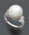 Create a look of complete polish and shine. Ring highlights a cultured South Sea pearl (13-14 mm) surrounded by glittering round-cut diamonds (1/4 ct. t.w.). Set in 14k white gold.