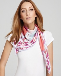 A soft silk twill scarf with a dynamic pattern of geometric and organic shapes. A soft silk twill scarf with a dynamic pattern of geometric and organic shapes.