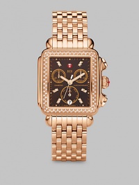 From the Deco Collection. This exquisite design is embellished in brilliant diamonds and finished in a warm 18k rose goldplating. Quartz movementWater resistant to 5 ATMRectangular 18k rose goldplated stainless steel case, 33mm (1.3) X 35mm (1.4)Diamond accented bezel and hour markers, .66 tcwBrown mother-of-pearl chronograph dialDate display at 6 o'clockSecond hand 18k rose goldplated stainless steel link braceletImported From the Deco Collection. This exquisite design is embellished in brilliant diamonds and finished in a warm 18k rose goldplating. Quartz movementWater resistant to 5 ATMRectangular 18k rose goldplated stainless steel case, 33mm (1.3) X 35mm (1.4)Diamond accented bezel and hour markers, .66 tcwBrown mother-of-pearl chronograph dialDate display at 6 o'clockSecond hand 18k rose goldplated stainless steel link braceletImported