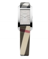 This Burberry watch features a Nova check fabric strap with a rectangular stainless steel case. Black etched dial with logo and silvertone indices. Two hands. Swiss movement. Water resistant to 30 meters. Two-year limited warranty. This Burberry watch features a Nova check fabric strap with a rectangular stainless steel case. Black etched dial with logo and silvertone indices. Two hands. Swiss movement. Water resistant to 30 meters. Two-year limited warranty.