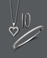 All your favorite styles in one sparkling package! This jewelry set features a cut-out heart pendant, statement-making hoop earrings, and a trend-setting bangle bracelet. All crafted in sterling silver with glittering diamond accents. Approximate bracelet length: 7 inches. Approximate earring diameter: 1 inch. Approximate necklace length: 19 inches. Approximate pendant drop: 1/2 inch. All your favorite styles in one sparkling package! This jewelry set features a cut-out heart pendant, statement-making hoop earrings, and a trend-setting bangle bracelet. All crafted in sterling silver with glittering diamond accents. Approximate bracelet length: 7 inches. Approximate earring diameter: 1 inch. Approximate necklace length: 19 inches. Approximate pendant drop: 1/2 inch.