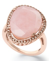 Pink polish. This beautiful statement ring features an asymmetrical pink opal (10-3/4 ct. t.w.) that pops against a sparkling diamond frame (1/4 ct. t.w.). Set in 14k rose gold over sterling silver. Size 7. Pink polish. This beautiful statement ring features an asymmetrical pink opal (10-3/4 ct. t.w.) that pops against a sparkling diamond frame (1/4 ct. t.w.). Set in 14k rose gold over sterling silver. Size 7.