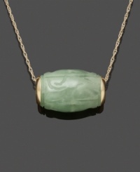 Add uniqueness to your look in this carefully-crafted pendant. Carved from solid jade (10 mm x 15 mm) in pale green hues, this barrel-shaped pendant hangs from a 14k gold setting and chain. Approximate length: 18 inches. Approximate drop: 1/2 inch. Add uniqueness to your look in this carefully-crafted pendant. Carved from solid jade (10 mm x 15 mm) in pale green hues, this barrel-shaped pendant hangs from a 14k gold setting and chain. Approximate length: 18 inches. Approximate drop: 1/2 inch.