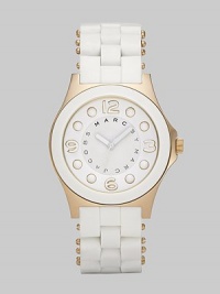 A sleek, understated timepiece with goldplated stainless steel accents and silicon wrapped bracelet.Quartz movement Water resistant to 5 ATM Goldplated stainless steel case, 36.5mm, (1.43) White dial Numeral and dot hour markers Second hand Silicon wrapped stainless steel bracelet, 18mm, (.71) Imported A sleek, understated timepiece with goldplated stainless steel accents and silicon wrapped bracelet.Quartz movement Water resistant to 5 ATM Goldplated stainless steel case, 36.5mm, (1.43) White dial Numeral and dot hour markers Second hand Silicon wrapped stainless steel bracelet, 18mm, (.71) Imported