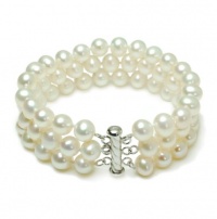 Sterling Silver 3-Row White A Grade 8.5-9mm Freshwater Cultured Pearl Bracelet, 8 Sterling Silver 3-Row White A Grade 8.5-9mm Freshwater Cultured Pearl Bracelet, 8