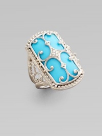 A lavishly detailed ring in sterling silver and 18K gold with a Florentine finish, delicate granulated edging, turquoise cabochons and diamond accents.Diamonds, 0.03 tcw Turquoise Sterling silver and 18K gold About 1 X ½ Imported A lavishly detailed ring in sterling silver and 18K gold with a Florentine finish, delicate granulated edging, turquoise cabochons and diamond accents.Diamonds, 0.03 tcw Turquoise Sterling silver and 18K gold About 1 X ½ Imported