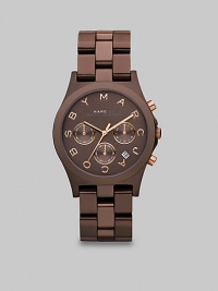 This rich, ion-plated style features a chronograph dial with a logo accented dial. Quartz movementWater resistant to 5 ATMRound ion-plated stainless steel case, 40mm (1.5)Smooth bezelBrown dialRose goldtone logo hour markersSecond hand Date display between 4 and 5 o'clockBrown ion-plated stainless steel link bracelet, 20mm wide (.7)Imported This rich, ion-plated style features a chronograph dial with a logo accented dial. Quartz movementWater resistant to 5 ATMRound ion-plated stainless steel case, 40mm (1.5)Smooth bezelBrown dialRose goldtone logo hour markersSecond hand Date display between 4 and 5 o'clockBrown ion-plated stainless steel link bracelet, 20mm wide (.7)Imported