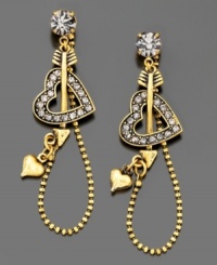 Lovestruck and lovely. These cupid's arrow earrings by Betsey Johnson featuring pace crystals set in goldtone mixed metal. Approximate length: 2-1/2 inches. Lovestruck and lovely. These cupid's arrow earrings by Betsey Johnson featuring pace crystals set in goldtone mixed metal. Approximate length: 2-1/2 inches.