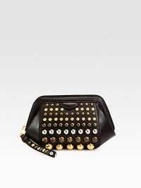 Round studs adds casual-cool edge to this leather silhouette in a portable size. Studded wrist strap, 6 dropTop zip closureOne inside zip pocketFully lined11W X 7H X 3DImported Round studs adds casual-cool edge to this leather silhouette in a portable size. Studded wrist strap, 6 dropTop zip closureOne inside zip pocketFully lined11W X 7H X 3DImported