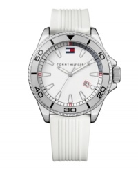 Get moving with this bright and energetic watch by Tommy Hilfiger. White ribbed silicone strap and round silver tone mixed metal case. White dial features applied stick indices, date window at four o'clock, luminous hands and logo at twelve o'clock. Quartz movement. Water resistant to 30 meters. Ten-year limited warranty. Get moving with this bright and energetic watch by Tommy Hilfiger. White ribbed silicone strap and round silver tone mixed metal case. White dial features applied stick indices, date window at four o'clock, luminous hands and logo at twelve o'clock. Quartz movement. Water resistant to 30 meters. Ten-year limited warranty.